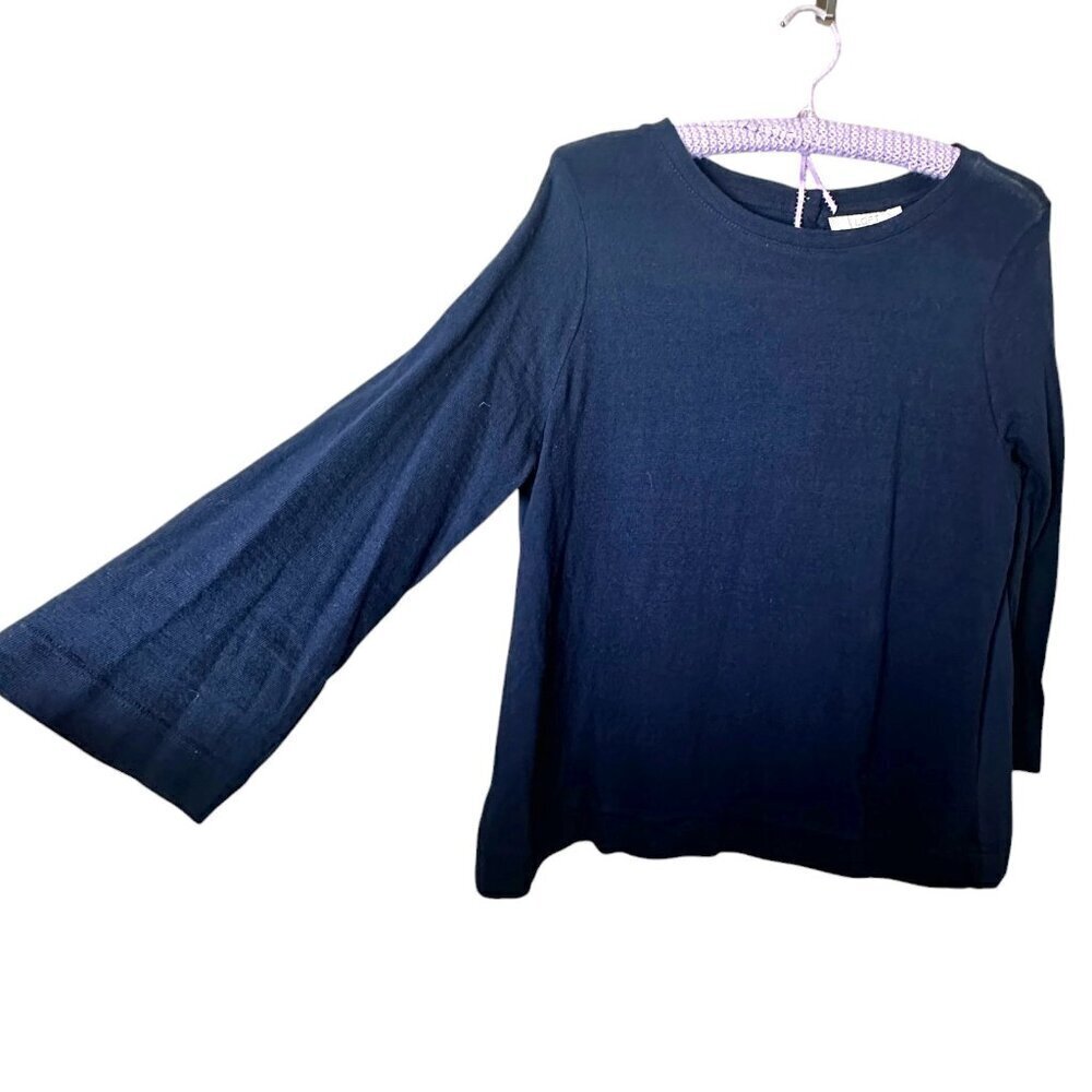 LOFT Navy Wide Arm Back Button Mixed Media Sweater Top Size Large